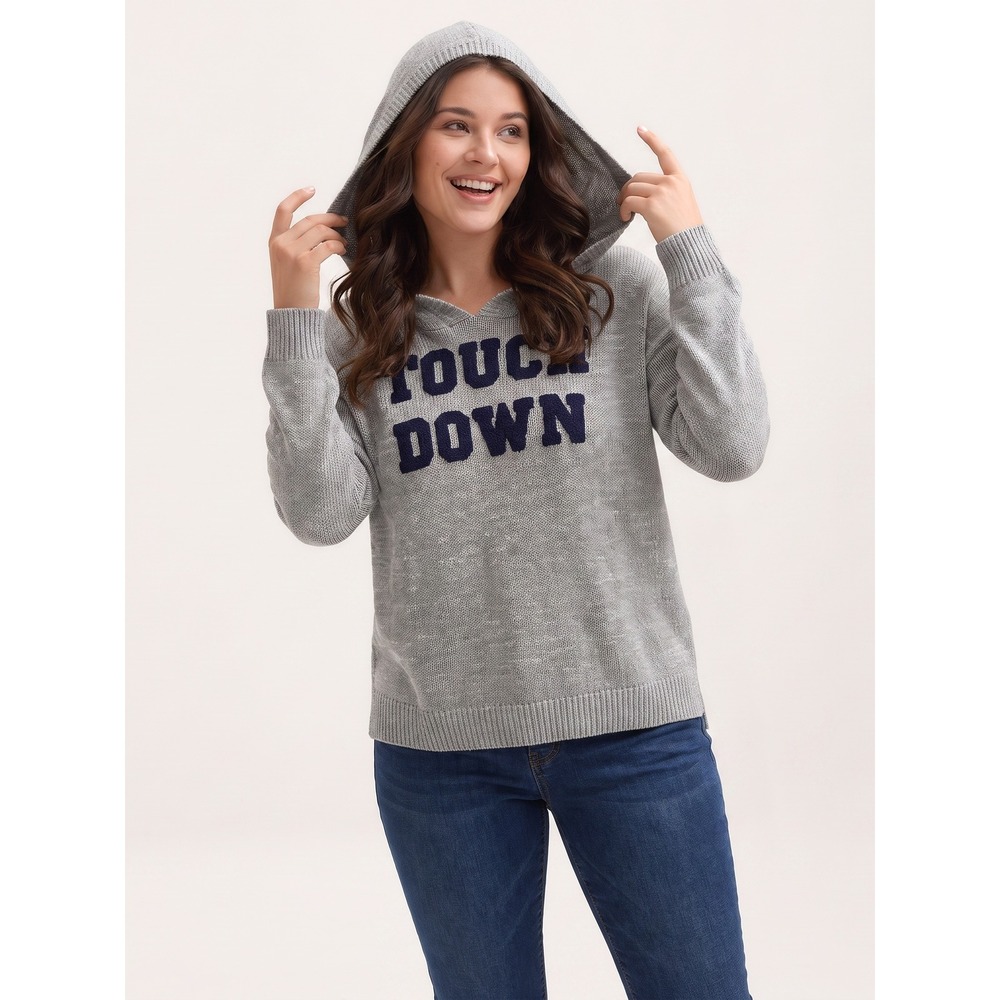 Mia & Tess Knit Hoodie Womens Medium Grey Touch Down Graphic Sweater Long Sleeve